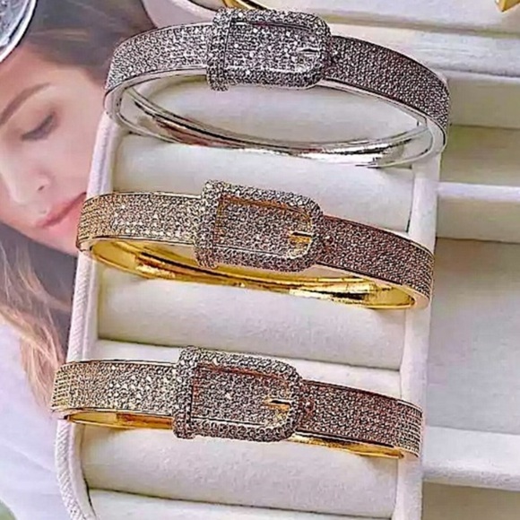 Buckle Design 18K Gold Plated Crystal Bangle Bracelet - Picture 3 of 6